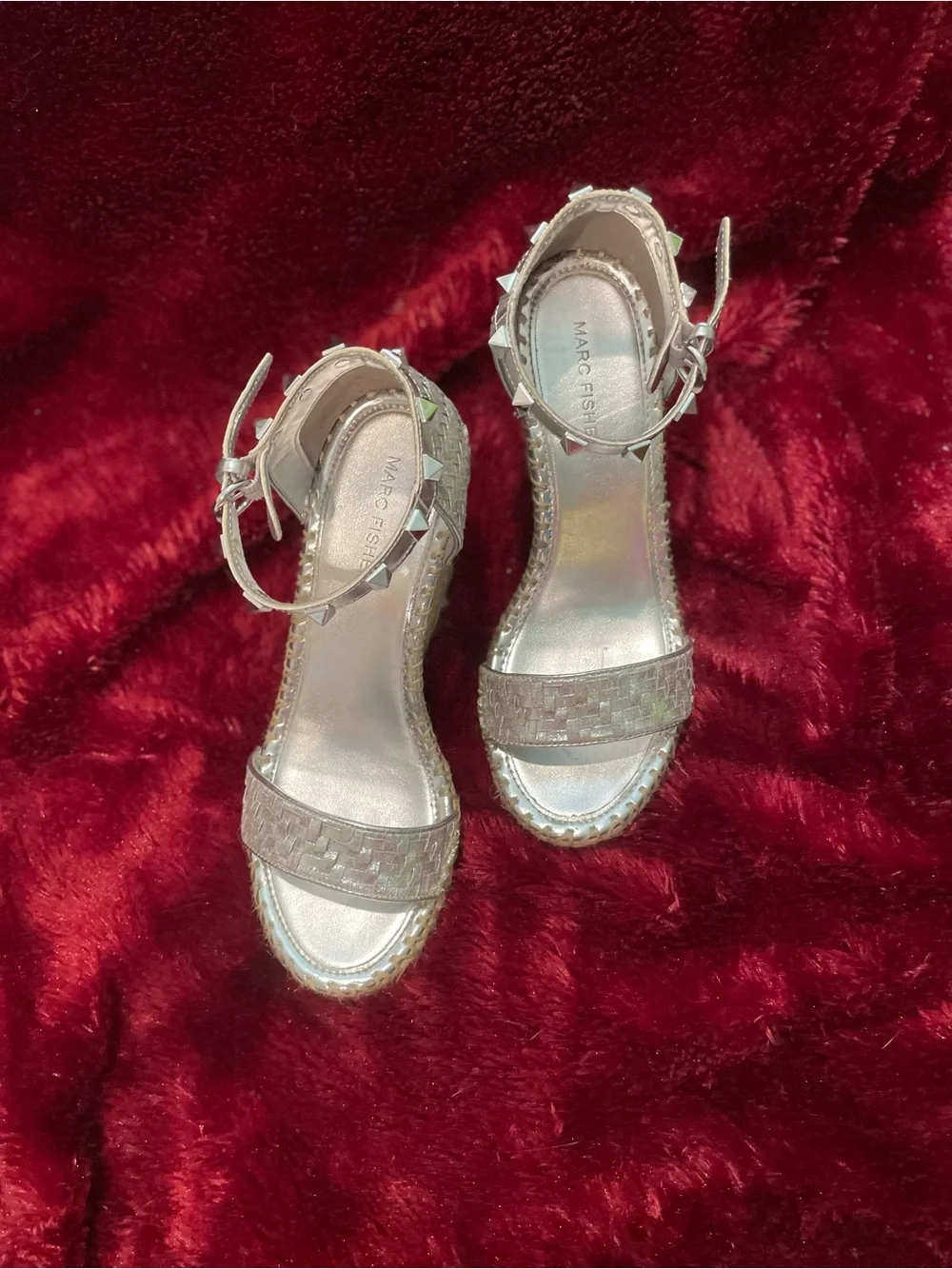 Marc Fisher Metallic Silver Woven Espadrille Wedges with Studded Ankle Straps
